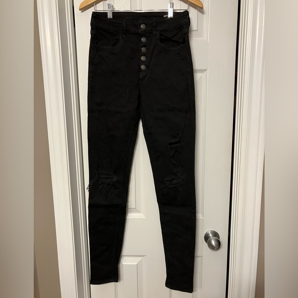 AE super high rise skinny black ripped jeans
